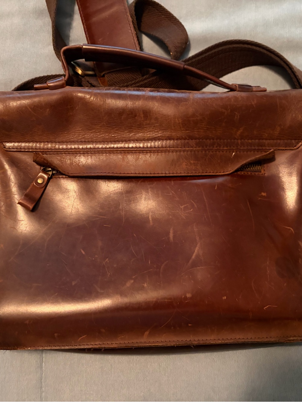 Brown Leather Messenger Bag with Front Zip Pocket - Unbranded